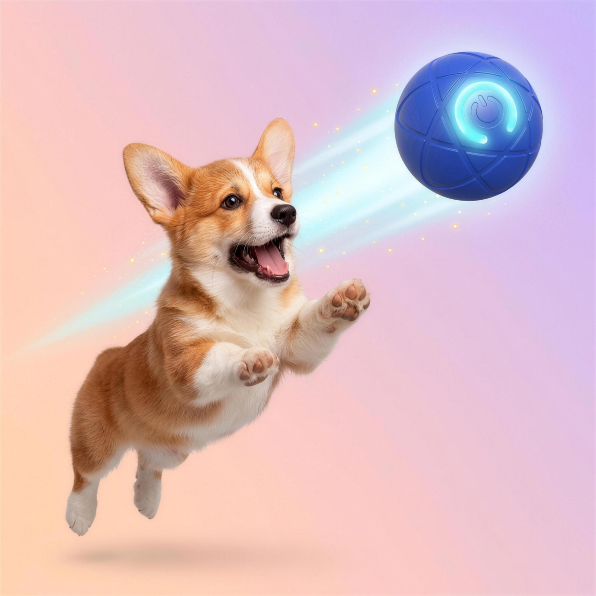 Happy corgi puppy leaping to catch a glowing blue OrbiPaw ball streaking like a shooting star