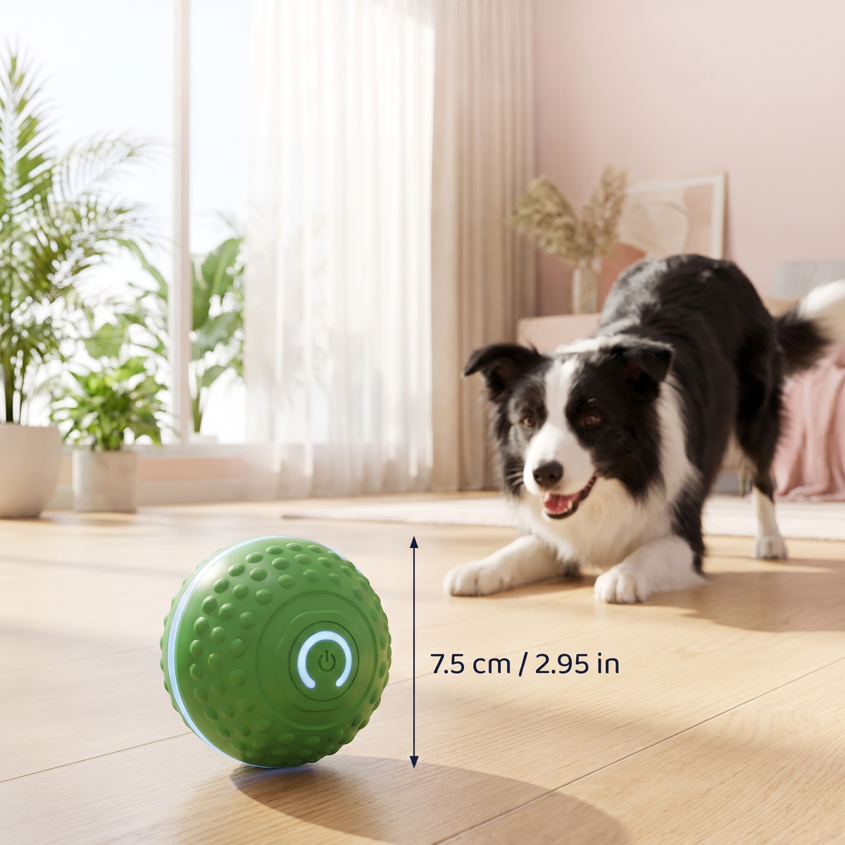 Green XL OrbiPaw ball, 7.5 cm, for medium and large dogs, with a Border Collie