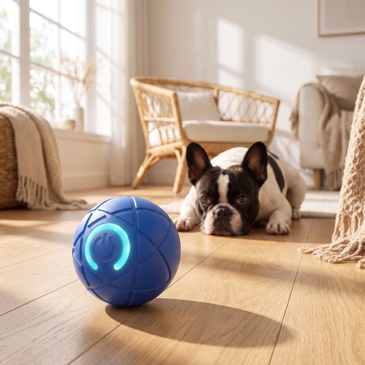 OrbiPaw Standard in Blue with LED ring, French bulldog behind